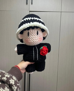 Crochet Pattern for Cute Doll with Black Outfit and Rose