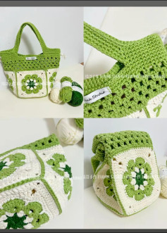 Crochet Pattern for Green and White Floral Tote Bag