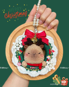 Crochet Reindeer Christmas Wreath Ornament with Red Bow and Bell