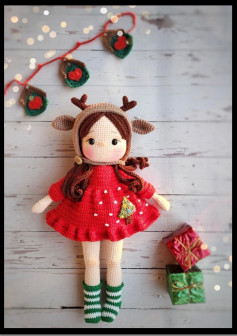 Crochet Reindeer Doll in Festive Red Dress Pattern