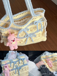 Crochet Tote Bag with Bow and Bear Charm Design