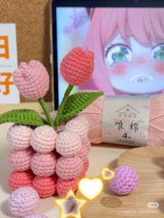 Crochet Tulip Bouquet with Colorful Yarn Ball Vase