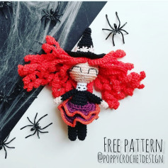 Crochet Witch Doll with Red Hair and Black Hat