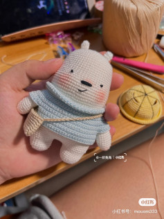 Cute Crochet Bear with Blue Sweater and Small Bag