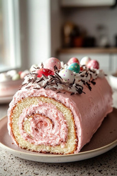 Easter egg Swiss roll cake with pinkcream frosting