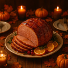 Festive Autumn Dinner with Glazed Ham and Seasonal Decor