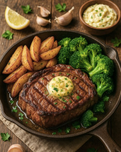 Garlic Butter Ribeye with Roasted Potatoes and Broccoli Delight