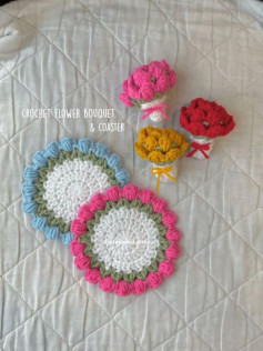 Handmade Crochet Flower Bouquet and Coaster Set Pattern