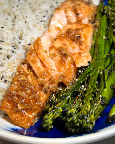 Honey Ginger Glazed Salmon with Soy Broccoli Delight