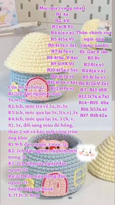 Hướng dẫn móc len ngôi nhà dễ thương với mái vàng nhạt và thân xanh