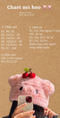 Hướng dẫn móc mũ heo dễ thương với họa tiết quả anh đào