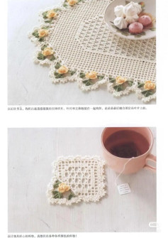 Khăn trải bàn và lót ly móc len hoa vàng tinh tế