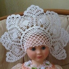 Кружевной кокошник для куклы, схема вязания крючком