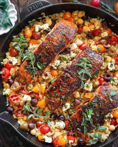 Mediterranean Herbed Salmon with Lemon Rice and Feta