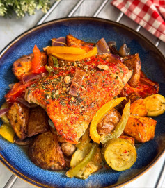 Mediterranean Salmon with Roasted Veggie Symphony