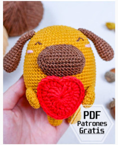 Patrón de amigurumi de perro con corazón rojo, descarga gratuita
