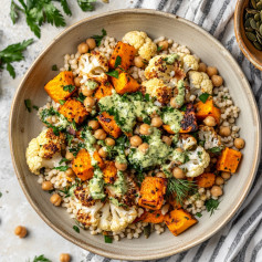Roasted Veggie Couscous with Pesto Tahini Delight