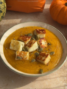 Savory Pumpkin Soup with Crispy Halloumi and Spiced Seeds
