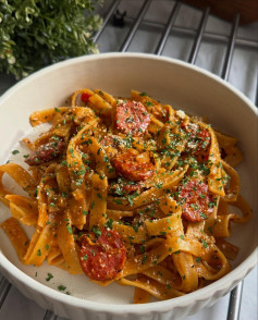 Spicy Chorizo Tagliatelle with Creamy Wine Sauce