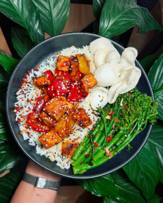 Sticky Glazed Tofu with Sesame Stir-Fried Vegetables