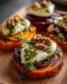 Sweet Potato Rounds with Burrata and Walnut Sage Pesto