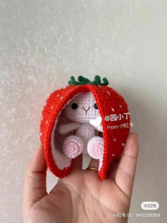 Thú bông len hình thỏ trong trái dâu tây đáng yêu