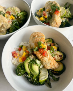 Tropical Coconut-Crusted Sea Bass with Mango Pico de Gallo