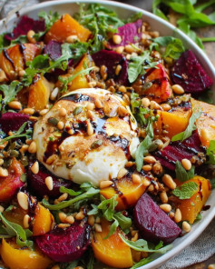 Vibrant Beet and Burrata Salad with Pine Nut Crunch