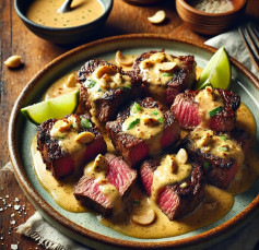 Zesty Coconut Lime Steak Bites with Thai Peanut Sauce