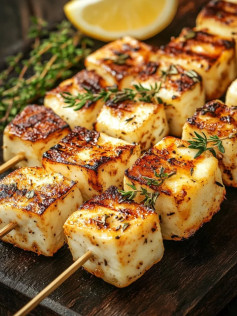 Zesty Grilled Halloumi Skewers with Lemon and Thyme