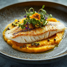 Zesty Halibut on Velvety Pumpkin Purée