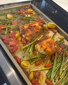 Zesty Harissa Cod with Roasted Asparagus and Cherry Tomatoes
