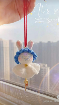Adorable Crochet Bunny Keychain with Blue Hat and Bell
