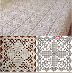 الگوی قلاب‌بافی رومیزی مربع با طرح مشبک