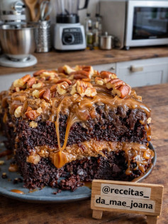 Bolo de Chocolate com Creme de Nozes e Cobertura Crocante