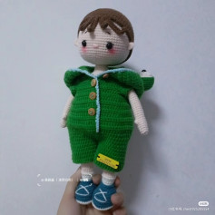 Charming Crochet Doll in Green Outfit with Button Details