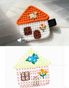 Charming Crochet House Brooch with Floral Embellishments