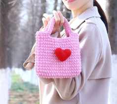 Charming Pink Crochet Bag with a Red Heart Decoration