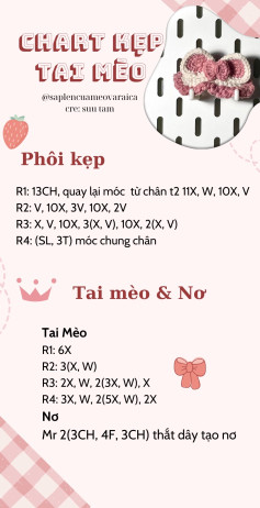 Chart móc len kẹp tóc tai mèo dễ thương với nơ xinh xắn