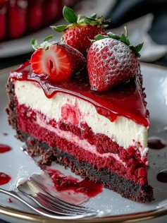 Cheesecake Veludo Vermelho com Morangos e Geleia Brilhante