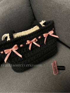 Chic Black Crochet Bag with Pink Ribbon Accents