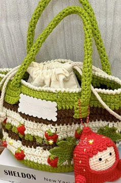 Colorful Crochet Bag with Strawberry Patterns and Green Handles