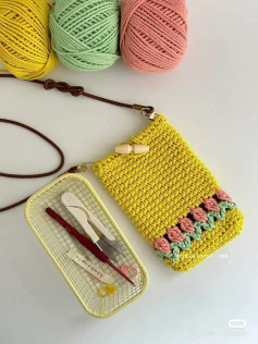 Colorful Crochet Bag with Tools and Yarn Setup