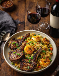 Costelinha de Cordeiro com Camarões e Arroz Frito Aromático