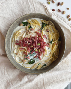 Creamy Pistachio Pasta with Turkey Bacon Delight