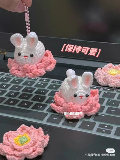 Crochet Bunny Keychain with Pink Flower Base