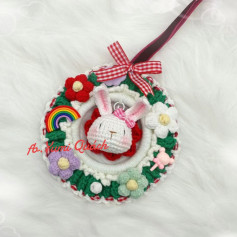Crochet Bunny Wreath with Flowers and Rainbow Charm