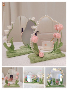 Crochet Floral Mirror Frame with Elegant Pearl Accents