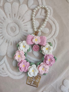 Crochet Floral Wreath with Pearl Handle and Pink Bow