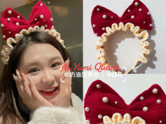 Crochet Headband with Red Bow and Pearl Details